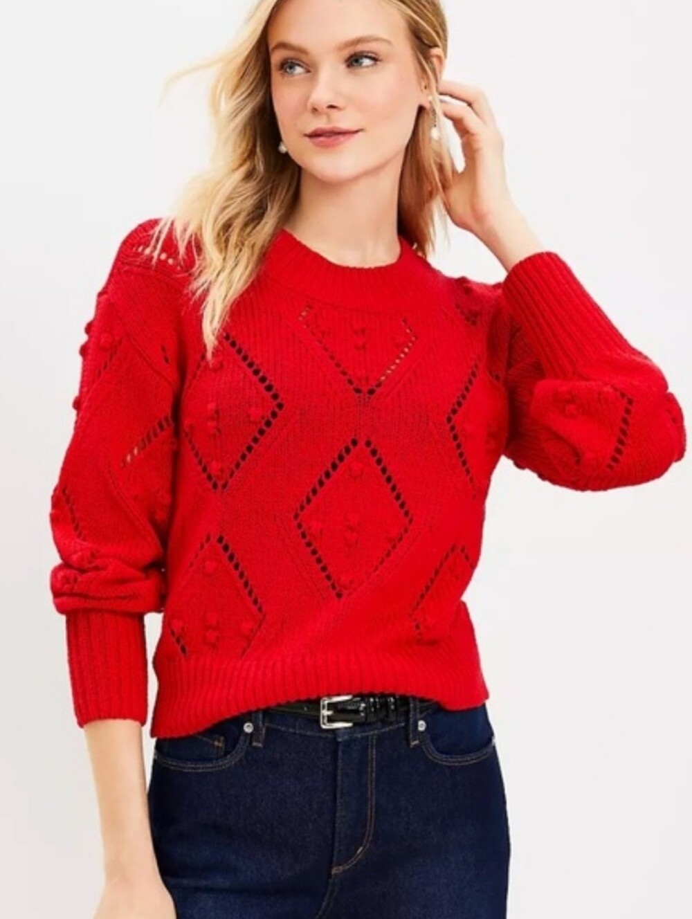 LOFT Knit Sweater Long Sleeve Swiss Dot Accent Red New With Tags Size XXL